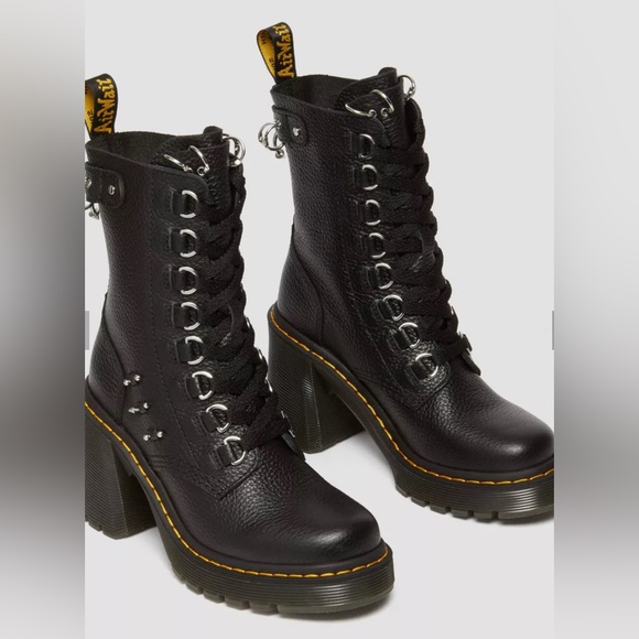 Sold out- DR. MARTENS CHESNEY PIERCING LEATHER FLARED HEEL LACE UP COMBAT BOOTS - Picture 5 of 5
